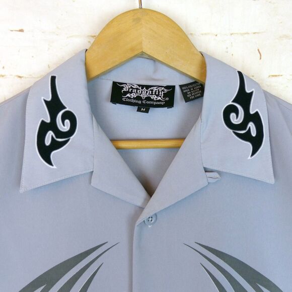 VTG Dragonfly Shirt Men M Gray Black Tribal Flame Button Loop Collar Grunge Bike - Picture 5 of 13